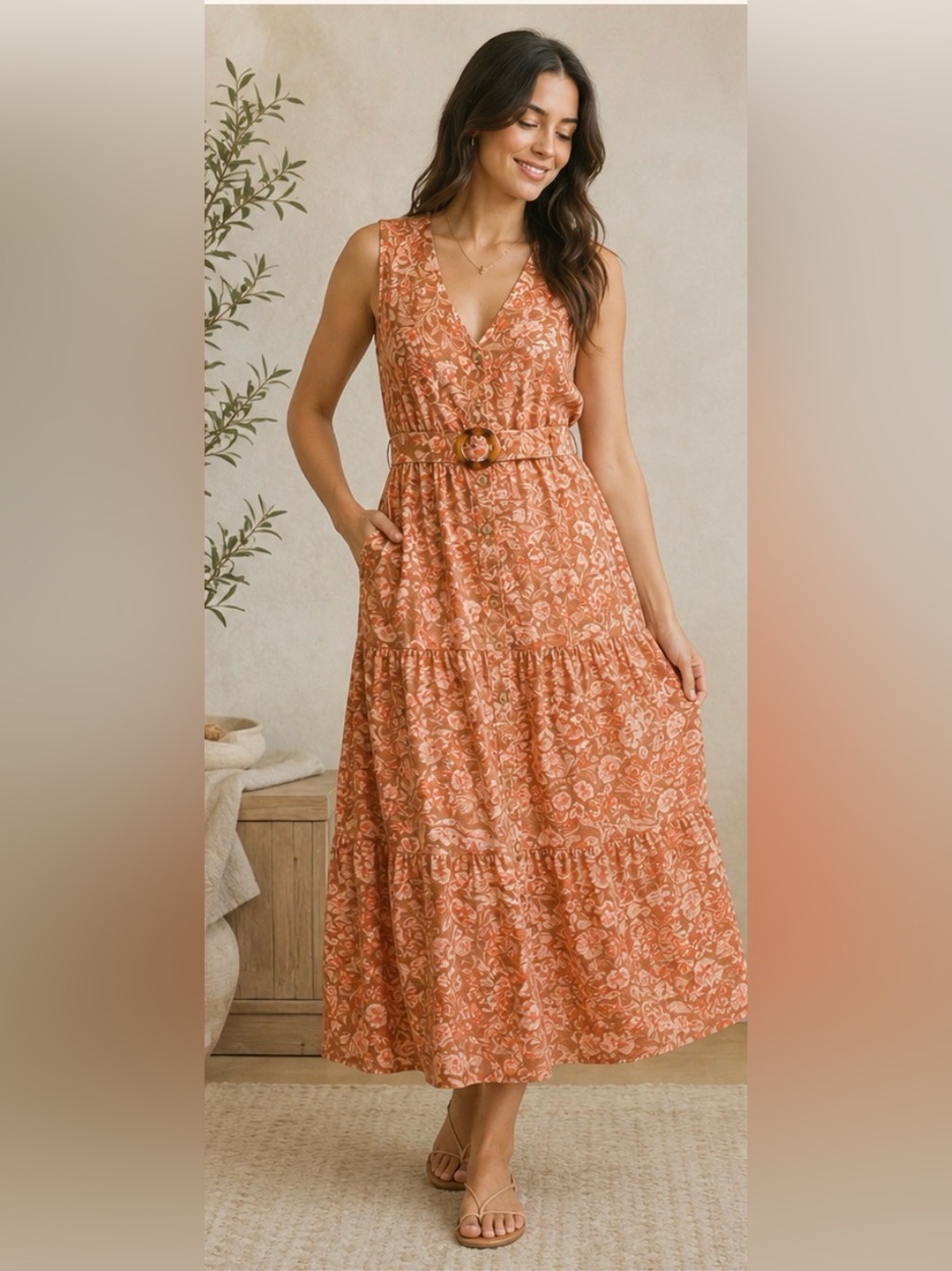Lucky Brand Terracotta Floral Maxi Dress with Waist Tie